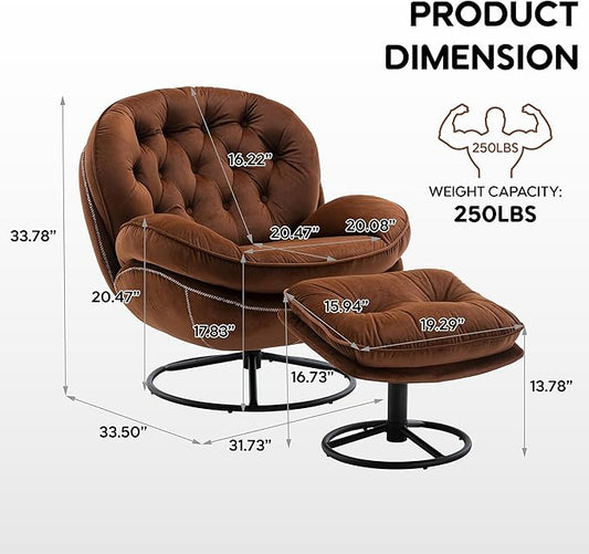 360° Swivel Modern Velvet Accent Chair with Ottoman | Mid-Century Button Tufted Lounge Chair for Living Room & Bedroom, Brown