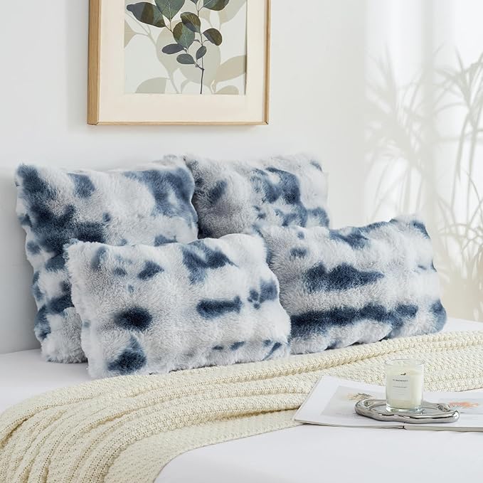 FUTEI Blue White Decorative Throw Pillow Covers 22x22 Inch Set of 2,Soft Fuzzy Faux Rabbit Fur Cushion Covers with Raised Texture,Neutral Boho Home Decor for Couch Bed Living Room