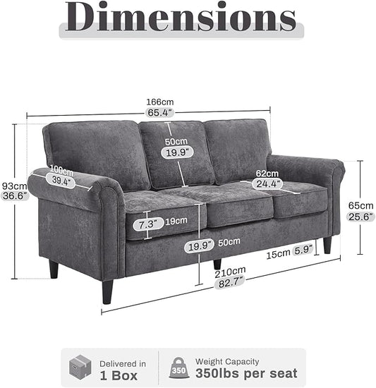 Kingfun 3 Seater Couch, Mid Century Modern Sofa with Rolled Arms and Deep Seats, Fluffy Comfort for Living Room, Apartment, Easy Assembly, Gray