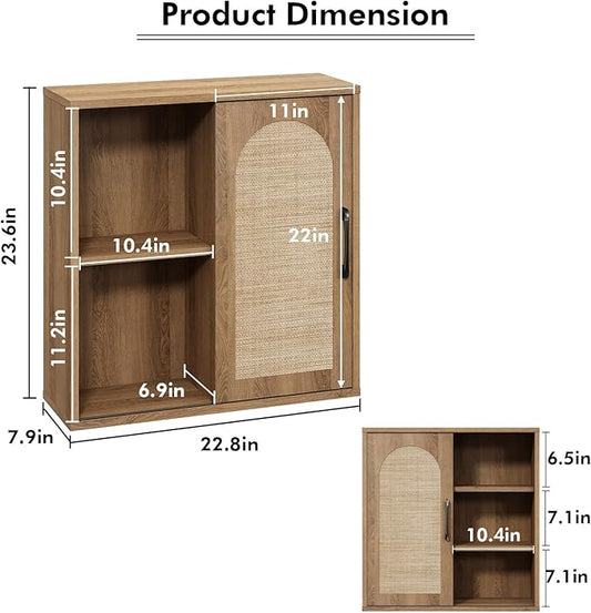 RUSTOWN Boho Rattan Wall Cabinet, Midcentury Bathroom Cabinet with Sliding Door, Adjustable Shelves, Over The Toilet Storage Cabinet (Rustic Oak)