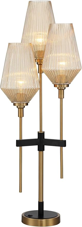 Possini Euro Design Axiom Modern Console Table Lamp 39" Tall Brass Gold Black Metal Champagne Ribbed Glass Shade for Bedroom Living Room House Home Bedside Nightstand Office Entryway Kids Family