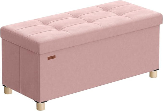 SONGMICS Storage Ottoman Bench, Folding Storage Chest, 15 x 30 x 15.2 Inches, Foot Rest Stool, 20 Gal. (77 L), Velvet Surface, for Bedroom, Entryway, Living Room, Jelly Pink ULSF0517R01