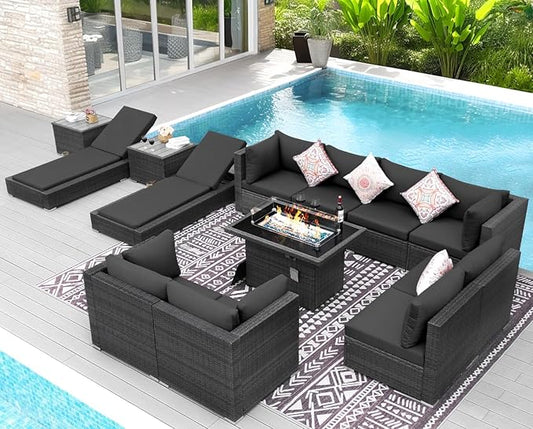 NICESOUL 13 Piece Outside Patio Set with Fire Pit Table, UV Resistant All Weather Grey Wicker Outdoor Furniture with Lounge Chair, Large Modular Outdoor Sofa with Chaise Heavyweight for Deck, Pool