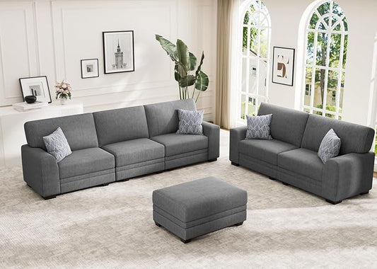 Wanderwell Oversized Modular Sectional Sofa, 6-Seater U Shaped Couches with Movable Ottoman,Corduroy Sectional Couch with Wide and Deep Seats Suitable for Living Room,Bedroom,Apartment (Grey, 2+3+OT)