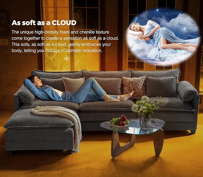 ELUCHANG 113" Modular Sectional Sofa, Comfy Cloud Couch, L Shaped Deep Seat Sofa Couches for Living Room, 4-Seater Modern Sofa with Movable Ottoman, DIY Combination - Chenille Light Grey