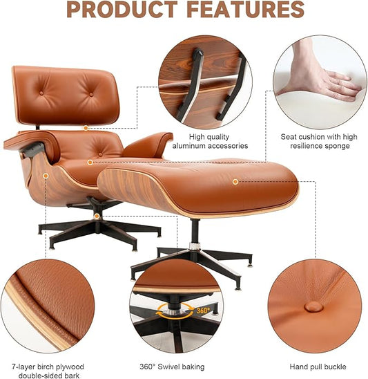 Top Grain Leather, Mid Century Chaise Lounge Chair and Ottoman, Modern Chair Classic Design, Heavy Duty Base Support for Living Room Study Lounge Office, Palisander-Brown