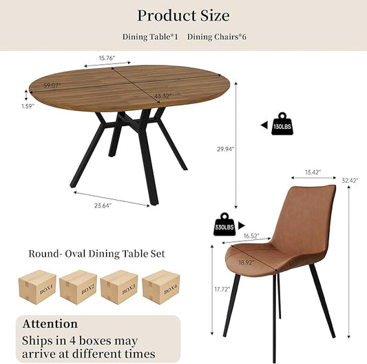 Extendable Round Dining Table Set for 6 People, 43.3"-59.1" Extendable Kitchen Table with 6 Upholstered Chairs, Space Saving for Kitchen Dining Room (Walnut Table+6 Brown Chairs)