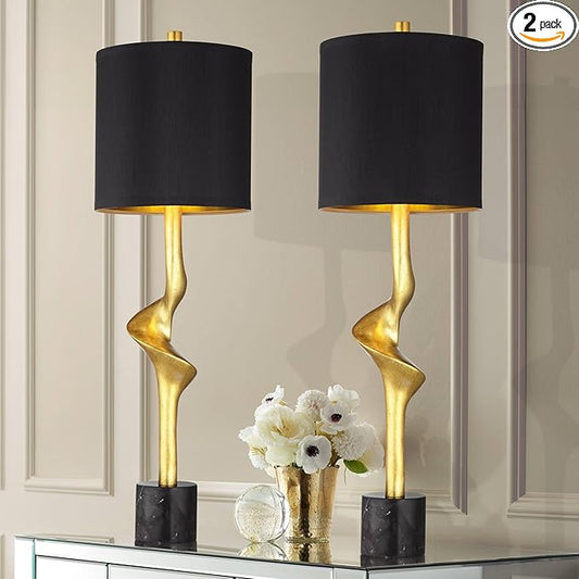 Possini Euro Design Minerva 32" Tall Modern Glam Luxe End Table Lamps Set of 2 Sculptural Gold Leaf Black Shade Living Room Bedroom Bedside Nightstand Office Home Reading Kitchen Entryway Console