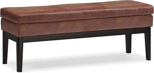 SIMPLIHOME Carlson 45-inch Wide Vegan Faux Leather Ottoman Bench in Distressed Black with Solid Wood Frame for Living Room, Entryway, or Bedroom