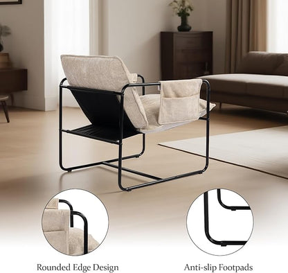 Modern Accent Chair Comfortable Living Room Chairs with Armrests, Bedroom Reading Chair, Chenille Upholstered Lounge Metal Chair