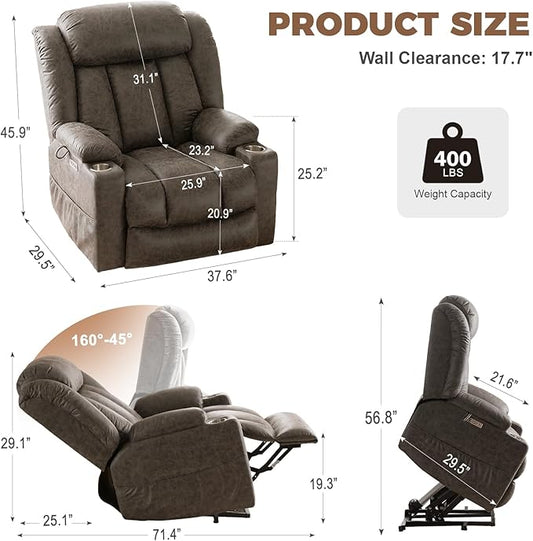 HUSFU Power Lift Recliner Chairs for Elderly with Massage and Heat, Extra Wide Oversized Recliners, Breathable Leather Lift Chairs w/Cup Holders, USB & Type-C Ports, Grey