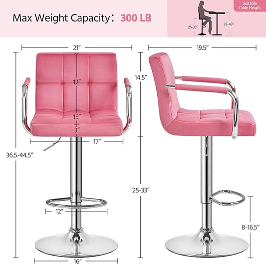 Yaheetech Bar Stools Set of 2, Adjustable Velvet Fabric Swivel Barstools, Modern Counter Stools with Back and Footrest, Counter Height Barstools for Bar, Kitchen, Dining Room, Pink
