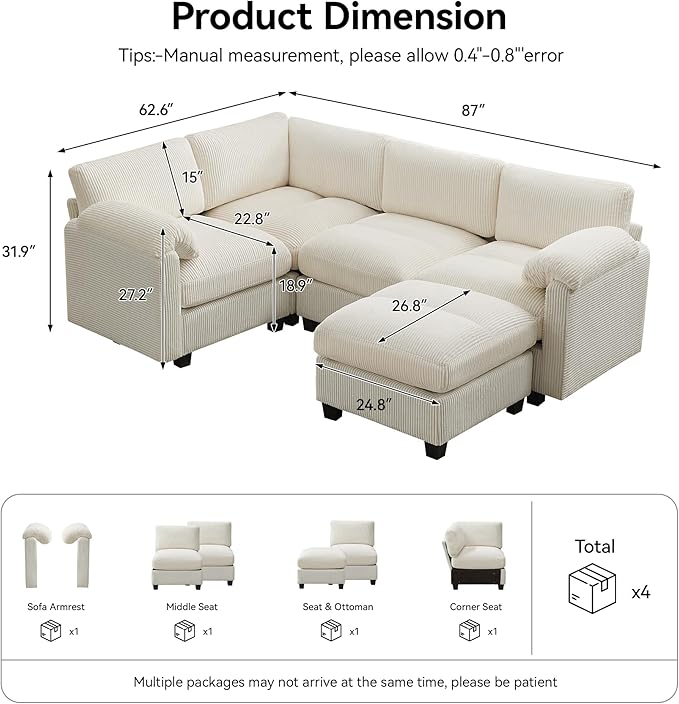 87'' U-Shaped Sectional Sofa with Ottoman, 5-Seater Modular Couches for Living Room, Corduroy Deep Seat Cloud Sofa with Center Stitched, Beige