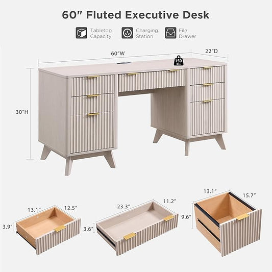 T4TREAM Fluted Executive Desk with Drawers, 60" Modern Home Office Computer Desk with Charging Station, File Cabinet, Keyboard Tray and Storage Cabinet for Study, Living Room, Bedroom, Alder White