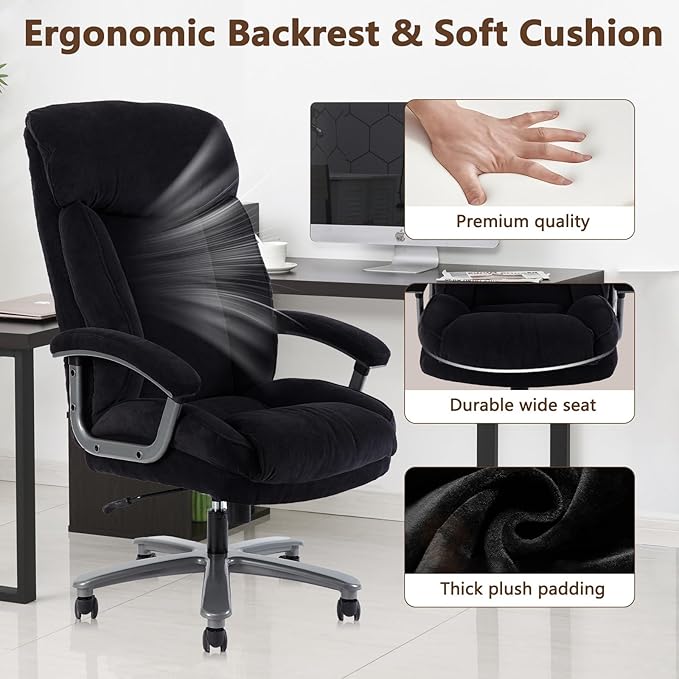 CLATINA Big and Tall Executive Office Chair, Extra Wide Seat, 800 LBS Capacity Heavy Duty Ergonomic Cloth Desk Chair with Wheels and Padded Armrests, High Back Fabric Computer Task Chair, Black