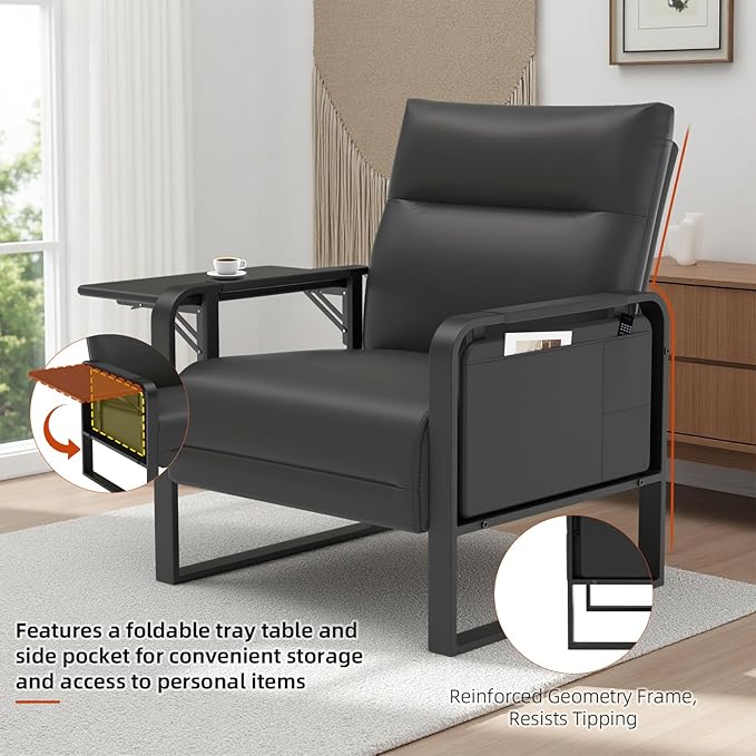 Upholstered Accent Sofas Set of 2, Modern Faux Leather Sofa Chairs with Foldable Side Tray Table & Storage Pocket, Small Accent Sofas for Living Room, Bedroom, Black