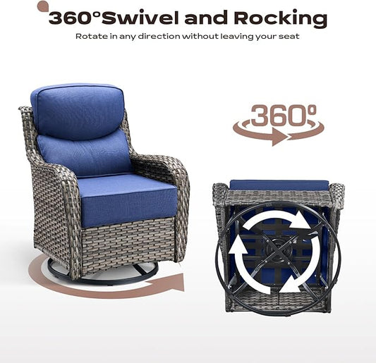 Rilyson Wicker Outdoor Patio Furniture Set - 6 Piece Patio Conversation Sets with Swivel Rocker Chairs, Ottomans, Sofa and Coffee Table, 6 inch Cushions, Deep Seating, for Porch Deck Mixed Grey/Blue
