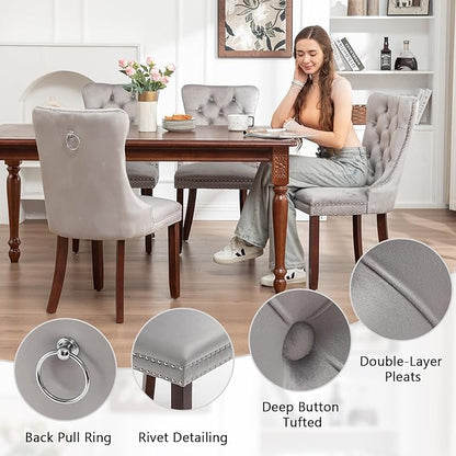 Velvet Dining Chairs Set of 4, Upholstered Dining Room Chairs with Nailhead Ring Pull, Button Tufted Wing Back Chairs for Dining with Solid Wood Legs for Kitchen Dining Room(Light Grey)