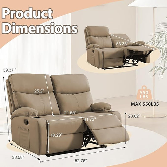 Manual Reclining Loveseat Anti-Scratch Loveseat Recliner Sofa with Side Pocket and Cupholders Wall Hugger 2 Seat Reclining Sofa Chair for RV Living Room Meeting Room Bedroom Apartment