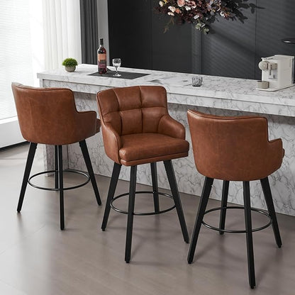 360°Swivel Counter Height Bar Stools with Back, 30 inch Solid Wood Legs, Bar Stool Modern Kitchen Island Chairs, Faux Leather (Brown- Faux Leather, 30" H- Set of 4)