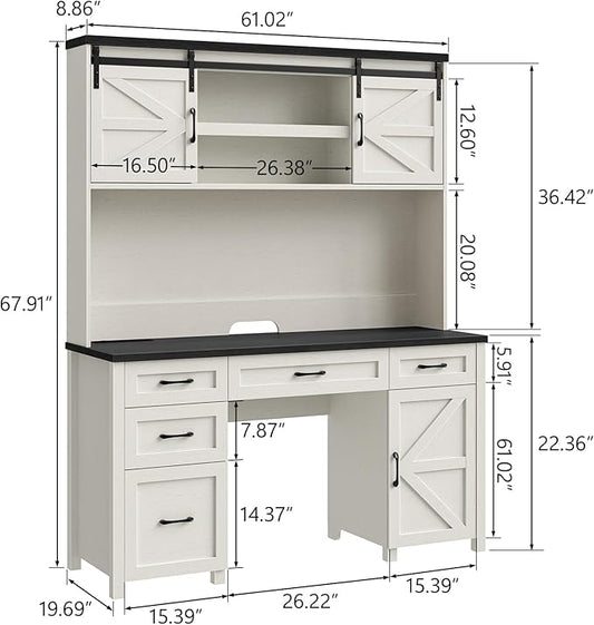 Farmhouse 67" H Executive Desk with Hutch,Office Desks with 5 Drawers, Computer Desk with Storage Cabinet & File Drawers and Charging Station, Wood Workstation for Home Office and Study.(Black).