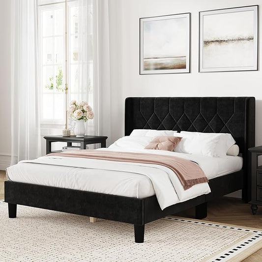 Novilla Queen Size Bed Frame, Queen Bed Frame with Headboard, Velvet Upholstered Pull-Point Wing Side Headboard, No Box Spring Needed, Heavy Duty Feet, Easy Assembly, Black Velvet