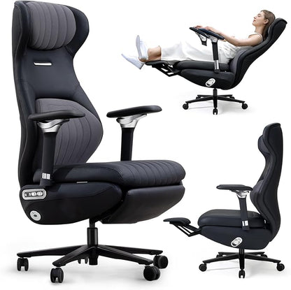 EMIAH Ergonomic Office Chair with Foot Rest Electric Reclining Office Chair with Adjustable Headrest, 8D Coordinated Armrests High Back Computer Chair with Lumbar Support,Sustainable Leather(Black)