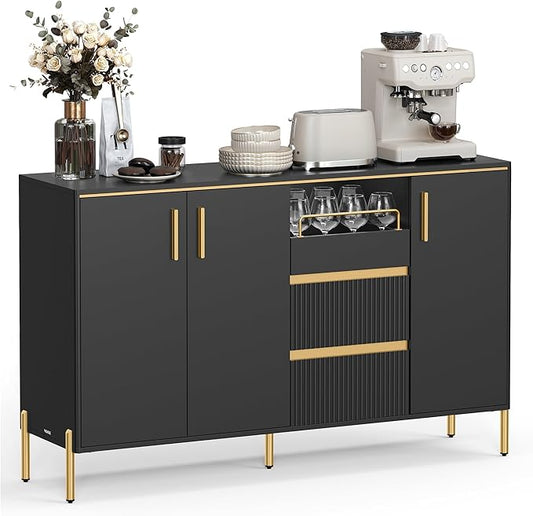 VASAGLE Buffet Cabinet with Storage, Sideboard, Kitchen Cabinet with Drawers, Adjustable Shelf, Fluted Drawer Front, for Living Room, Modern, Ink Black UBBC691B01