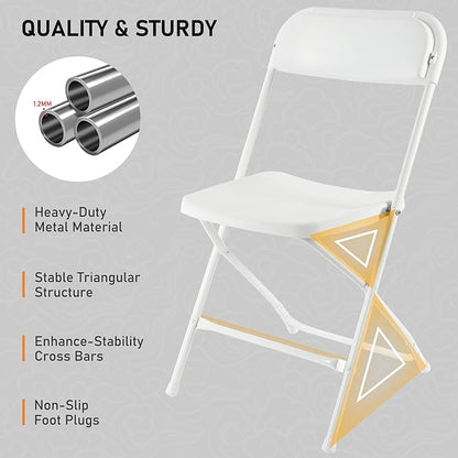 SEALAMB Plastic Folding Chairs 16 Pack, White Commercial Portable Indoor/Outdoor Chairs for Home Office, Wedding, Events Parties with Steel Frame, 350lbs Capacity (White-Plastic, 16 Pack)