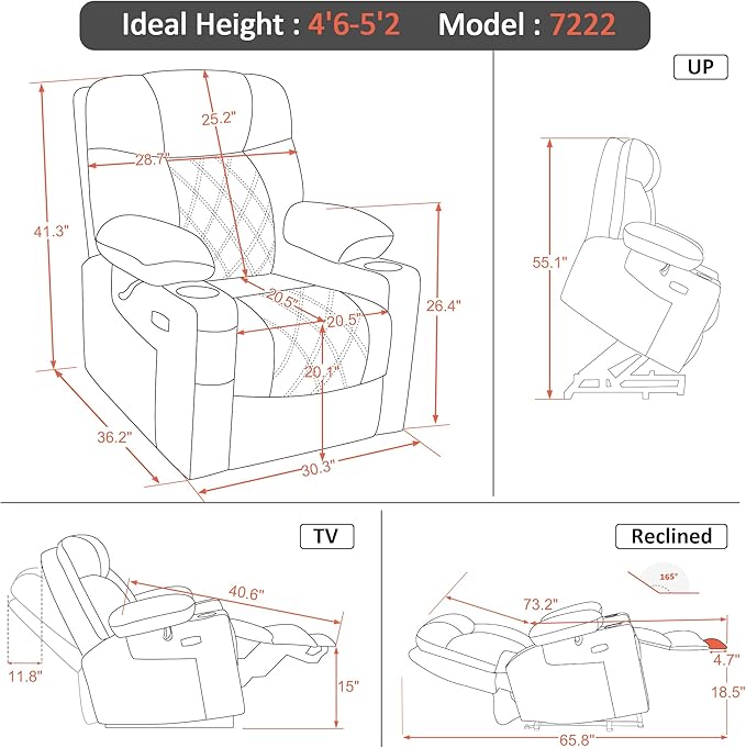 MCombo Small Size Triple Motor Power Lift Recliner Chair Sofa with Massage and Dual Heating, Adjustable Headrest for Elderly People Petite, USB Ports, Extended Footrest, Fabric 7222 (Beige)
