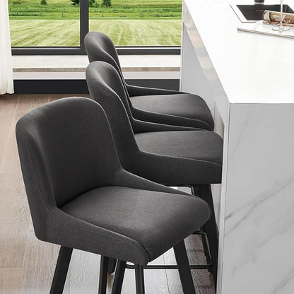 Swivel Counter Height Bar Stools Set of 2, 30''H Upholstered Barstools with Backs, Modern Bar Stool Chairs for Kitchen Island, Metal Legs, Fabric, Black Grey Stools Counter Chair