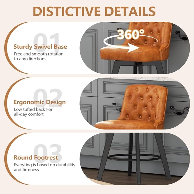 MINCETA Bar Stools Set of 4, PU Leather Barstools, 26 Inch Upholstered Counter Stools with Low Tufted Back and Footrest, Swivel Counter Height Barstools for Kitchen Island Home Bar Brown