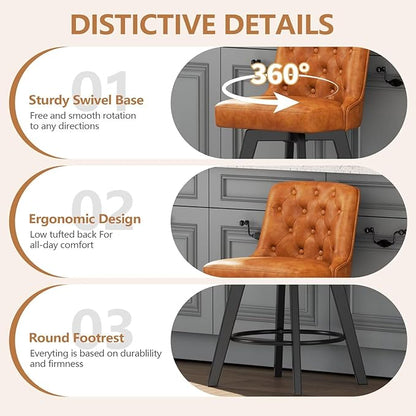 MINCETA Bar Stool, PU Leather Barstool, 26 Inch Upholstered Counter Stool with Low Tufted Back and Footrest, Swivel Counter Height Barstool for Kitchen Island Home Bar Brown