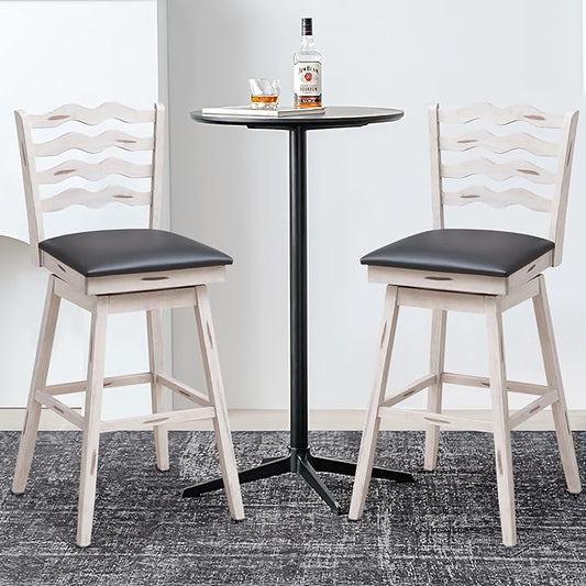 COSTWAY Bar Stools Set of 2, 29” 360° Swivel Bar Height Chairs with Rubber Wood Frame, Cushioned Seat, Ergonomic Backrest & Footrest, Wooden Upholstered Barstools for Kitchen Island (2, 29”)