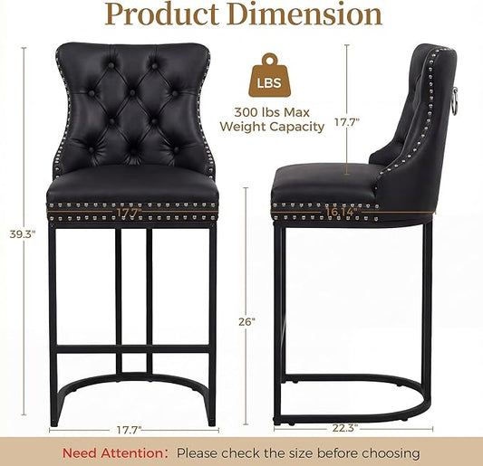 Counter Height Bar Stools Set of 3 for Kitchen Island, Modern Bar Stools with Backs, 26 Inch Barstools with Upholstered Faux Leather Seat and Metal Frame, Black
