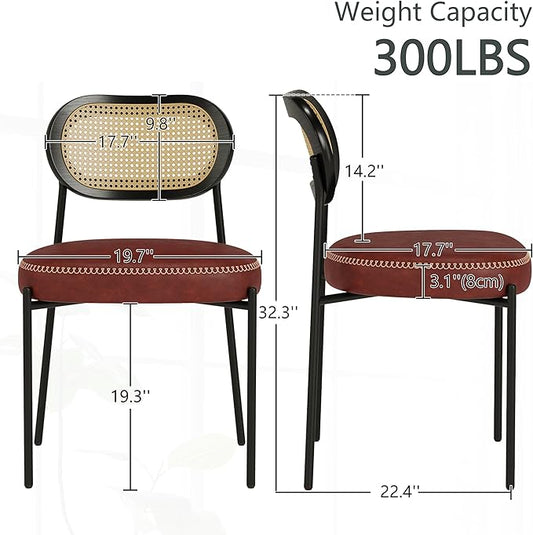 Rattan Dining Chairs Set of 2, Wine Leather Upholstered Dining Chairs with Rattan Cane Back, Mid Century Modern Dining Room Chairs with Black Metal Legs & D-Shaped Thicken Cushion, Wine