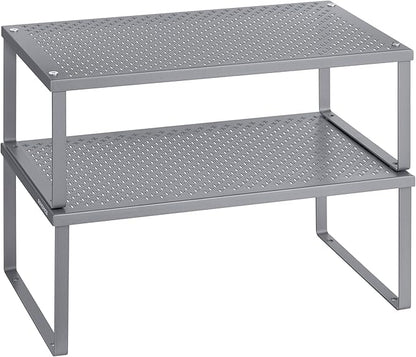 SONGMICS Spice Racks, Set of 2 Metal Cabinet Shelf Organizers, Countertop Organizers, Shelf Risers, Stackable, Expandable, Silver UKCS401G01