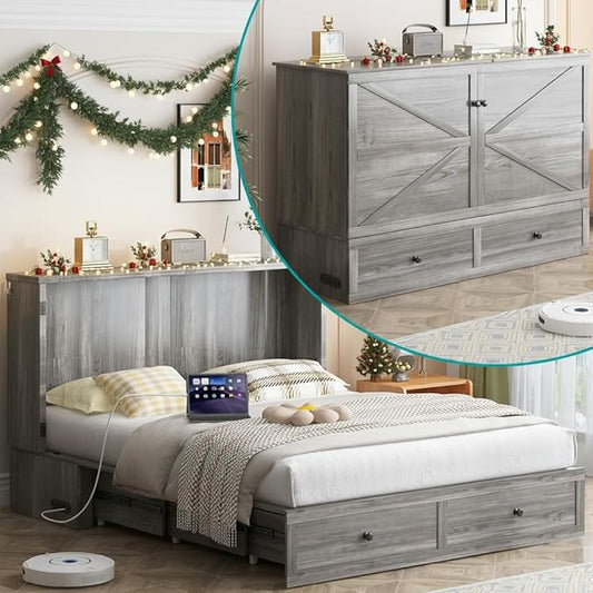 Mjkone Murphy Bed, Cabinet Murphy Bed with Tri-Fold Memory Foam Mattress, Farmhouse Wooden Cabinet Beds with USB Charging Station and 2 Storage Drawers for Bedroom/Office/Guest Room-Gray, Queen