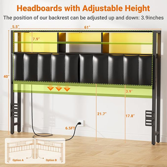 Aheaplus Headboard for Queen Size Bed with Storage, Upholstered Headboards with Outlets, USB Ports and LED Light, Reversible Queen Size Head Board, Height Adjustable, Comfortable Headboard, Black