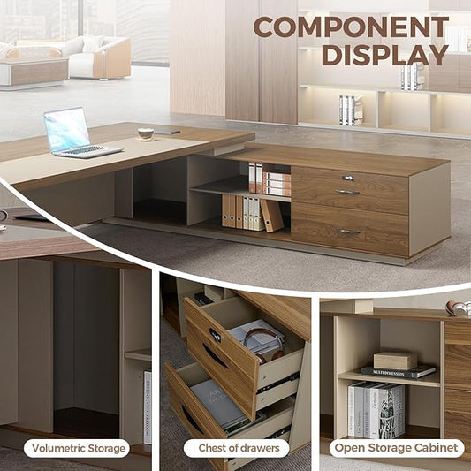 Modern L Shape Executive Desk with Drawers and Lockable Storage Cabinet, Large Executive Office Desk with Cable Management (Champagne Wood Grain+Beige/Right,79" L*63" W*30" H)