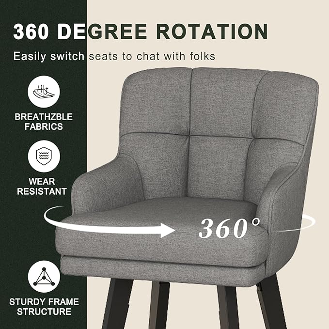 360°Swivel Counter Height Bar Stools with Back, 26 inch Solid Wood Legs, Bar Stool Modern Kitchen Island Chairs, Fabric (Mid-Grey- Fabric, 26" H- Set of 1)