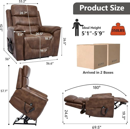 PELUMY Power Lift Recliner Chair for Elderly with Massage and Heat, Dual Motor Heavy Duty 350lbs Recliner, 8-Point Vibration & Lumbar Heating, Electric Lift Chair (Breathable Leather, Brown)