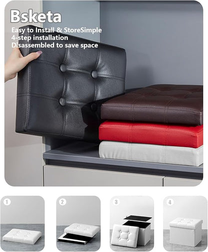 Folding Storage Ottoman, Foot Stool with Thicker Foam Padded Seat Small Leather Storage Ottoman Bench Foot Rest for Living Room Foldable Coffee Table 17x13x13in,White