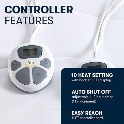 Serta Heated Mattress Pad Queen Size - Electric Mattress Pad, 10 Heat Setting Controller, Auto Shut Off Timer, Deep Elastic Pocket, Up to 17" Mattress, ETL Certified, Machine Wash, Queen, White