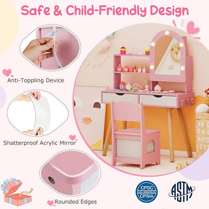Costzon Kids Vanity with Lights, Girls Vanity Set with Mirror Cabinet, Storage Drawers, Hooks & Shelves, Toddler Makeup Vanity Desk Dressing Table, Wooden Kids Vanity Table and Chair Set (Pink)