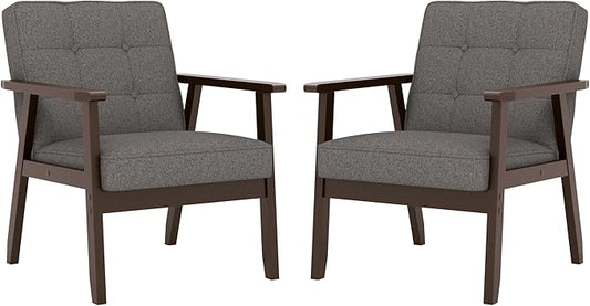KCC Mid-Century Modern Linen Fabric Accent Chair Set of 2, Upholstered Tufted Leisure Chair Comfy Reading Side Chairs with Armrest and Solid Wood Frame for Living Room Bedroom Balcony(Gray)