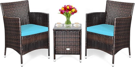 COSTWAY 3 PCS Patio Furniture Set, Outdoor Wicker Conversation Set with Tempered Glass Coffee Table, Seat Cushions, Rattan Wicker Chairs for Poolside Balcony Porch Backyard, Blue