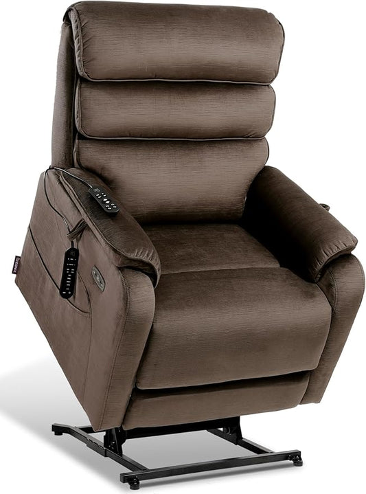 EONIX Wide Lay Flat Power Lift Recliner Chair for Elderly, Heavy Duty Oversized Fabric Lift Chairs Recliner Sofa with Heat and Massage and Charging Ports, Chenille Brown