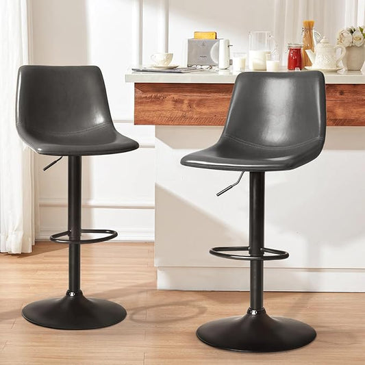 LEMBERI Bar Stools Set of 2, Modern Adjustable Swivel Barstools Counter Height with Backrest, Faux Leather Upholstered Bar Chairs for Kitchen Island, Grey