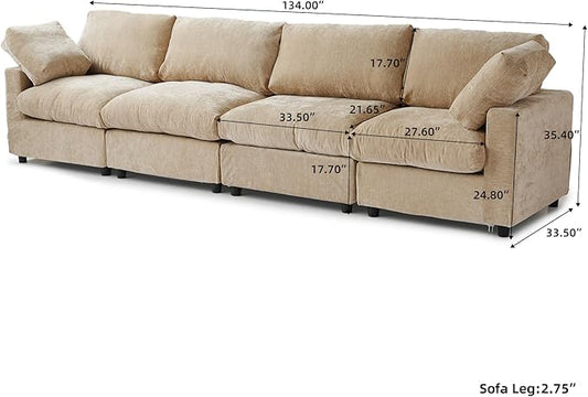 WJShome Modern Sectional Sofa 134 Inch 4-Seater Cloud Couch with Chenille Deep Seat Couches for Living Room, Bedroom and Apartment，Khaki